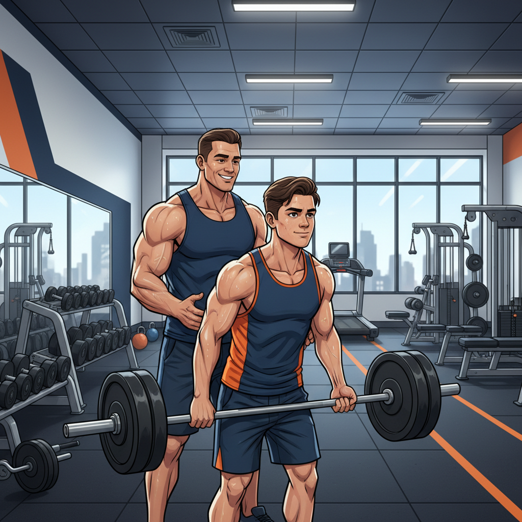 Exercise & Gym Training - young adult lifting weights with a supportive coach